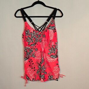 NWT Tempt Me XL Swimsuit Top Coral Pink Floral Strappy Back Ruched Sides Tankini
